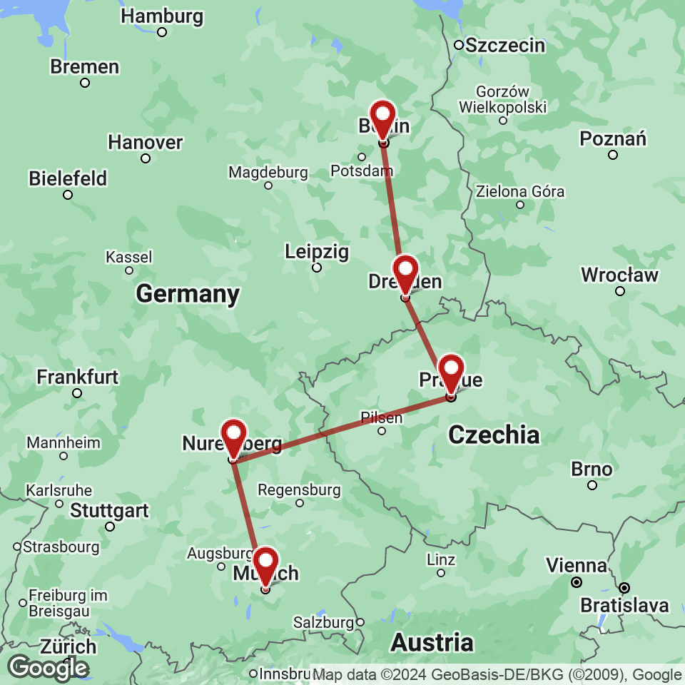 Route for Berlin, Dresden, Prague, Nuremberg, Munich tour